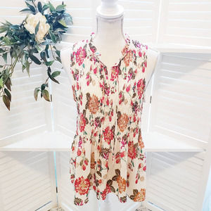 ANTHROPOLOGIE BEIGE FLORAL SMOCKING BLOUSE MED